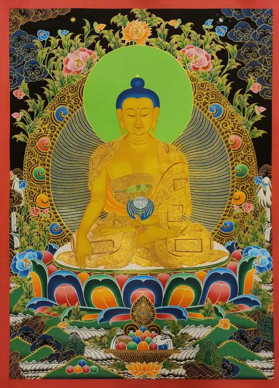 Thangka tibétain du Bouddha Shakyamuni sur toile de coton