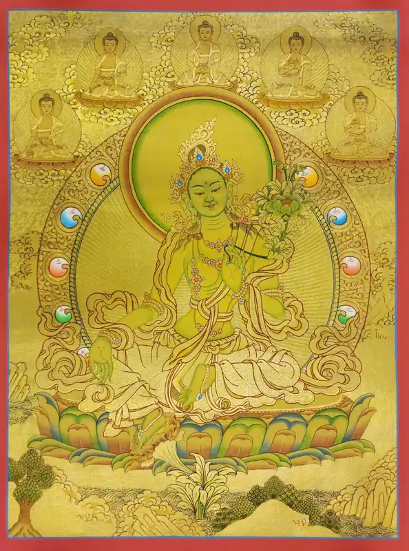 Thangka de la Tara Verte avec Détails en Or Réel