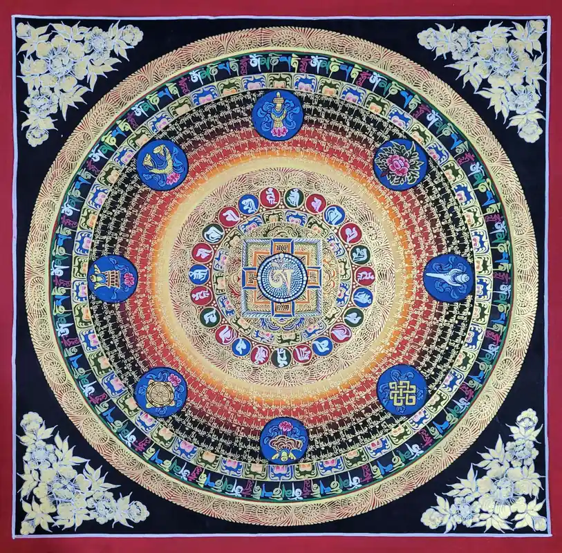 Thangka de Mandala de Mantra Ashtamangala sur Toile de Coton