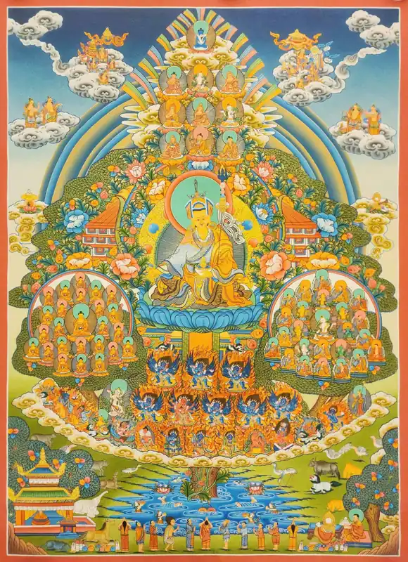Thangka de l’Arbre de Refuge de Padmasambhava sur toile de coton
