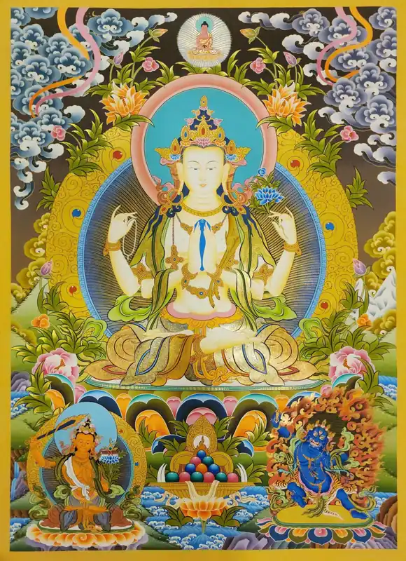 Thangka de Chenrezig : Art de Bodhisattva sur toile de coton