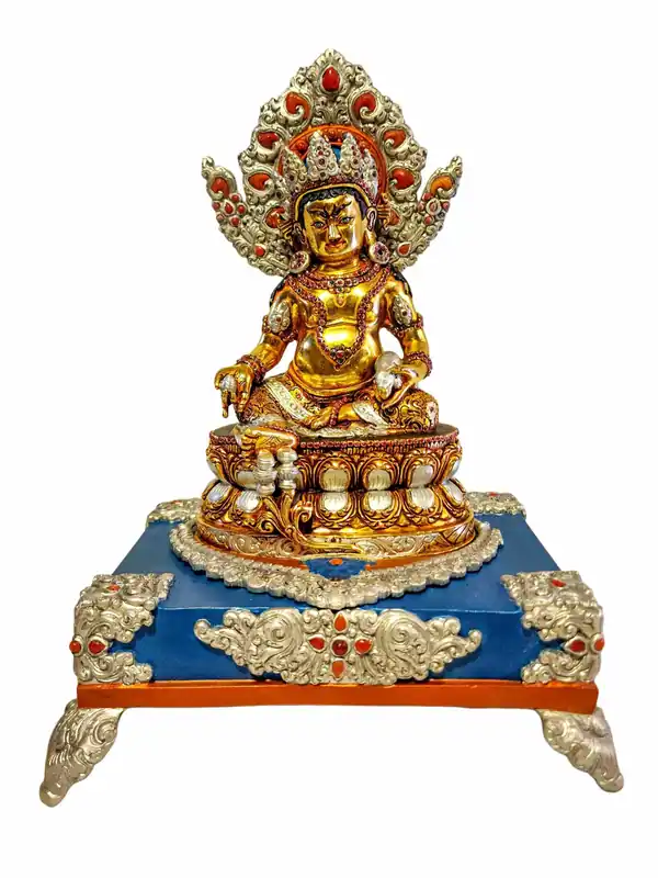 Statue en cuivre de Jambhala jaune avec base plaquée argent