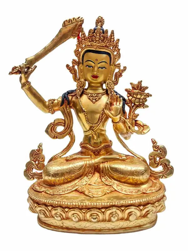 Statue de Manjushri en or massif avec visage peint, fabriquée à la main