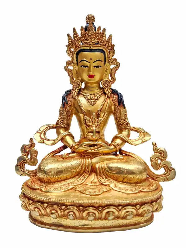 Statue bouddhiste en cuivre d’Aparimita, avec plaquage or et visage compatissant