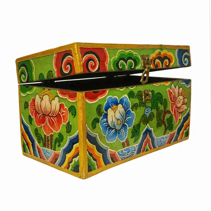 Boîte rituelle en bois tibétain fabriquée à la main