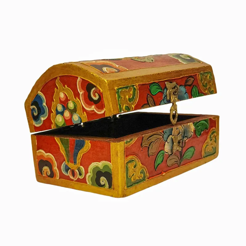 Boîte en bois rituelle tibétaine pour objets sacrés