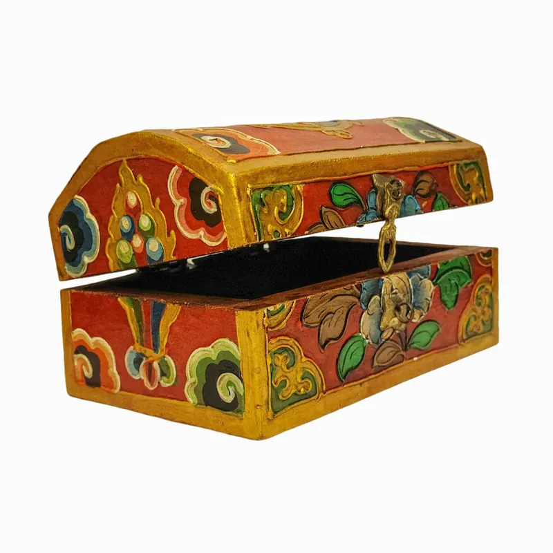Boîte en Bois Rituel Tibétaine pour Objets Sacrés