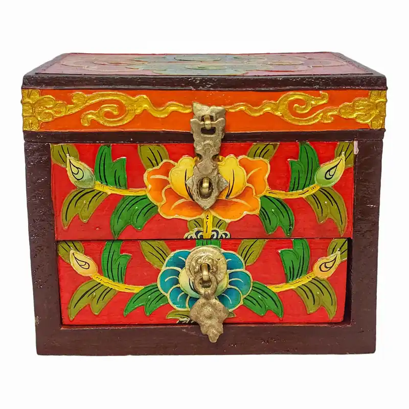 Boîte en bois tibétaine pour offrandes rituelles