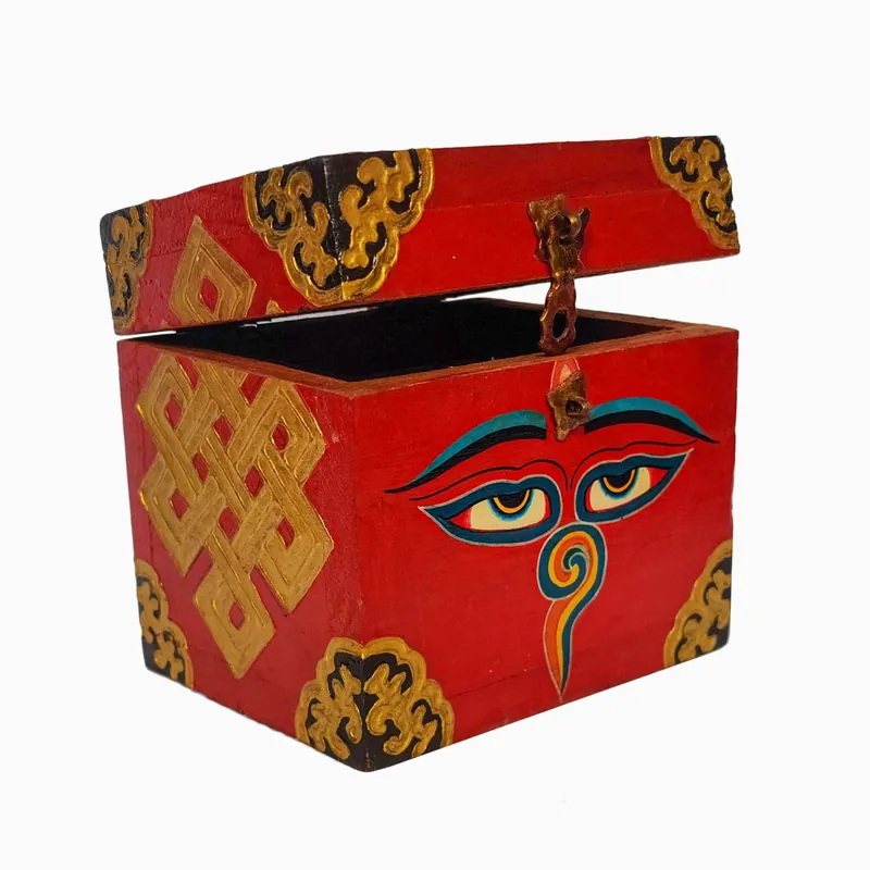 Boîte rituelle en bois tibétaine pour pratiques sacrées