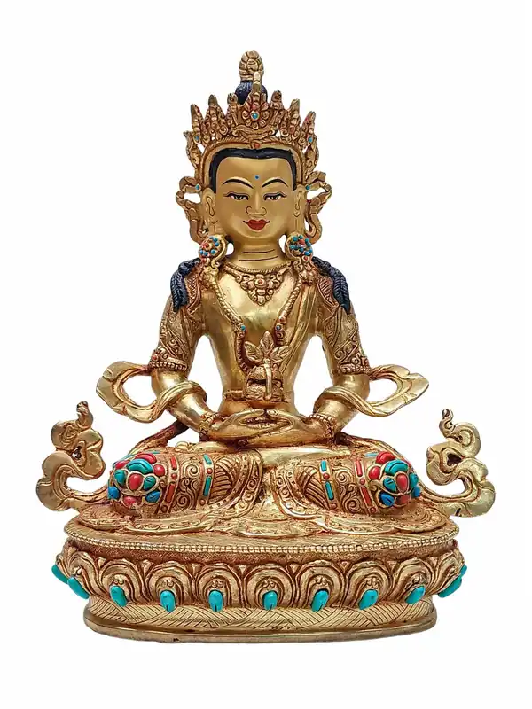 Statue d’Aparimita Vajrayana – Cuivre avec visage plaqué or et incrustations délicates