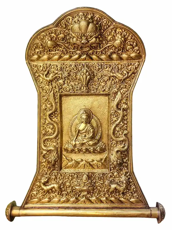Suspension murale en laiton du Bouddha Shakyamuni avec finition dorée
