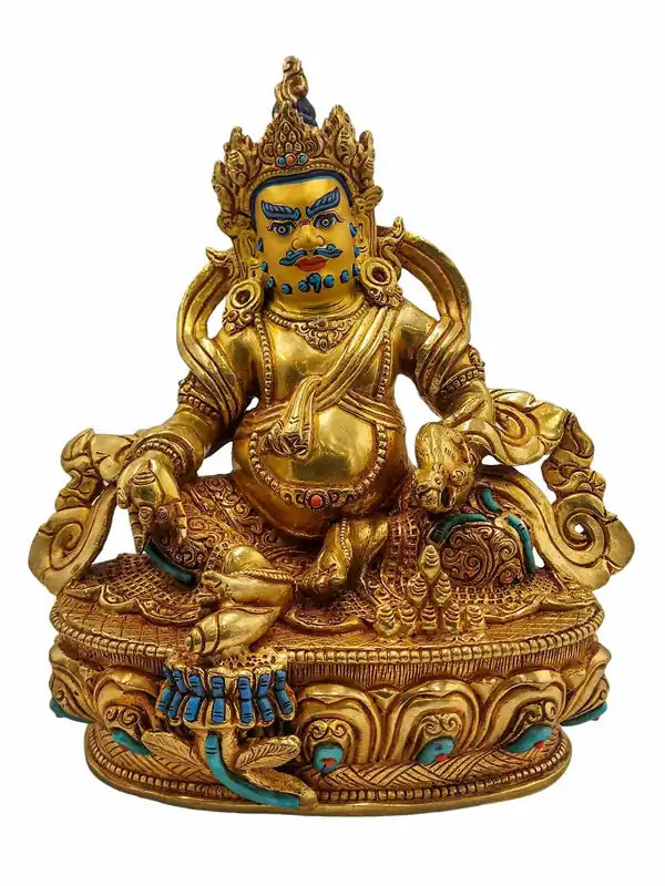 Statue éblouissante de Jambhala jaune – Plaquée or et finement sculptée en cuivre