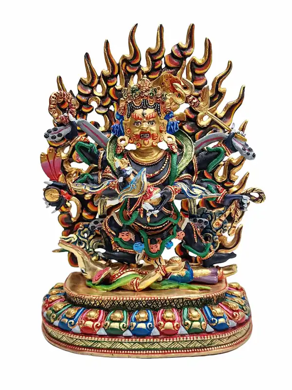 Statue en cuivre de Mahakala avec accents dorés