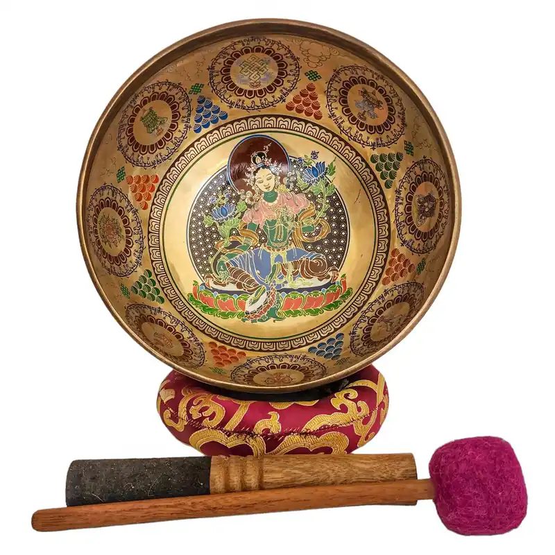 Bol chantant de Tara verte en sept métaux de bronze