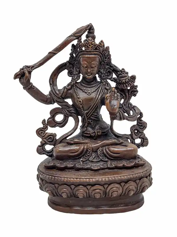 Statue de Manjushree en cuivre oxydé chocolat – 9 cm