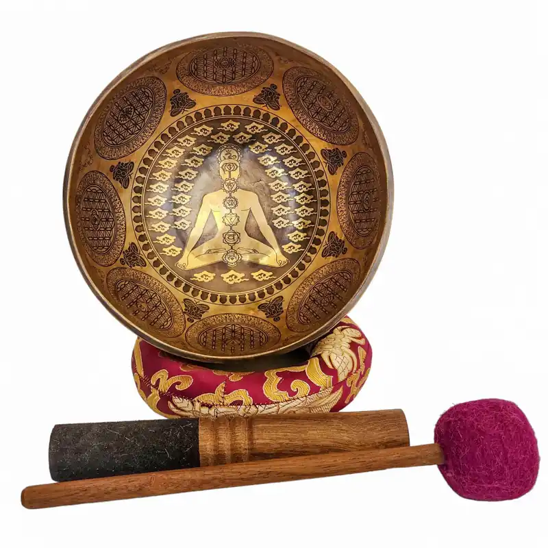 Bol chantant tibétain avec 7 chakras sculptés