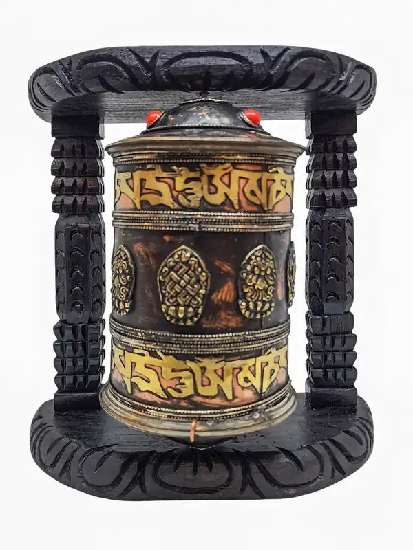 Roue à prières en laiton avec mantras ashtamangala