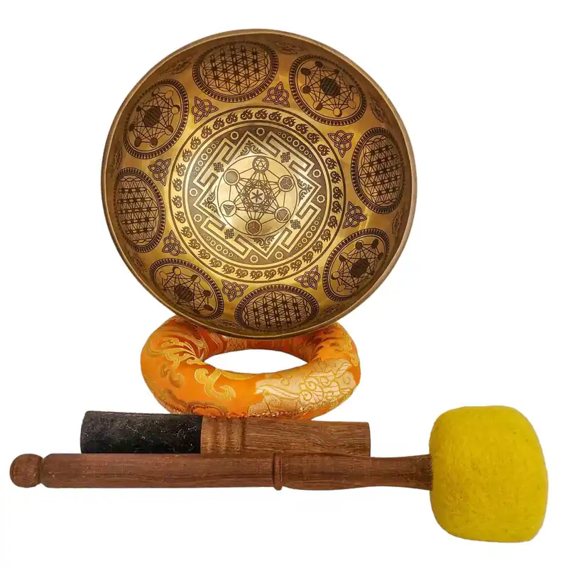 Bol chantant fabriqué à la main sculpté avec un motif de mandala