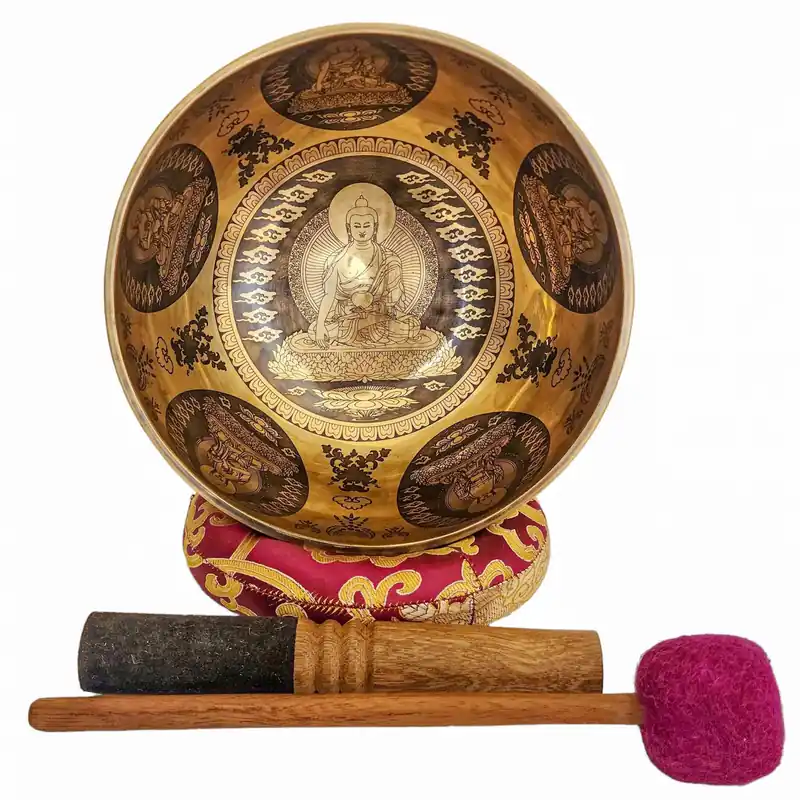 Bol chantant avec une gravure intriquée de Shakyamuni Bouddha