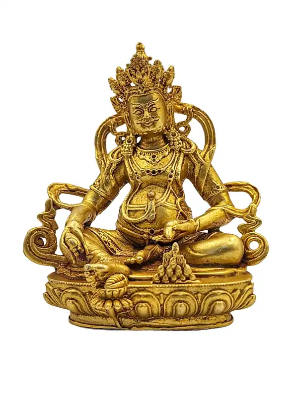 Statue de Jambhala jaune en cuivre doré – Symbole d’abondance et de prospérité
