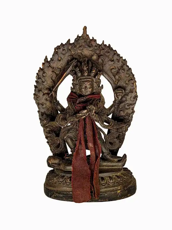 Statue en cuivre de Mahakala à quatre bras, finition antique