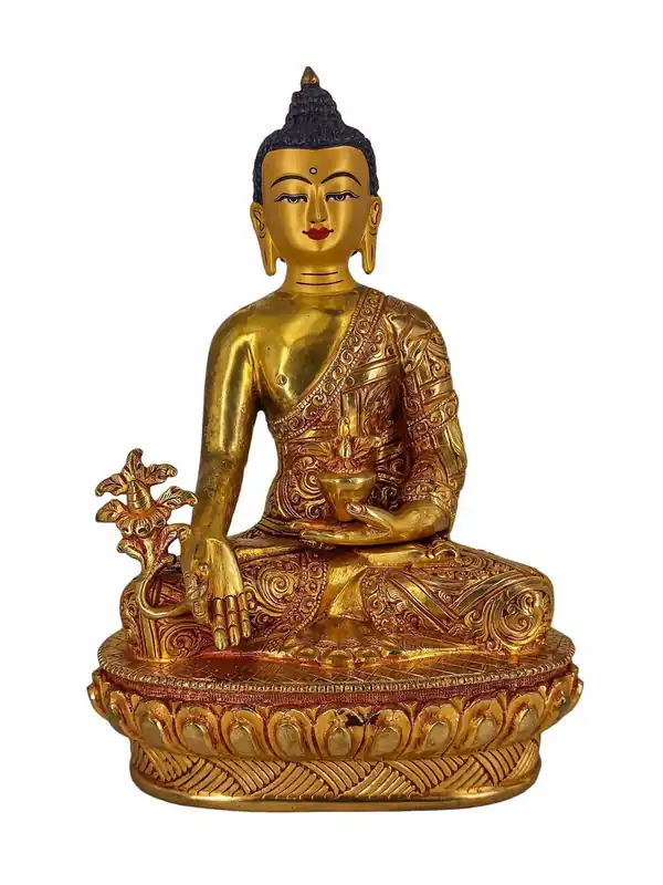 Statue du Bouddha de la Médecine en cuivre – Icône de guérison dorée