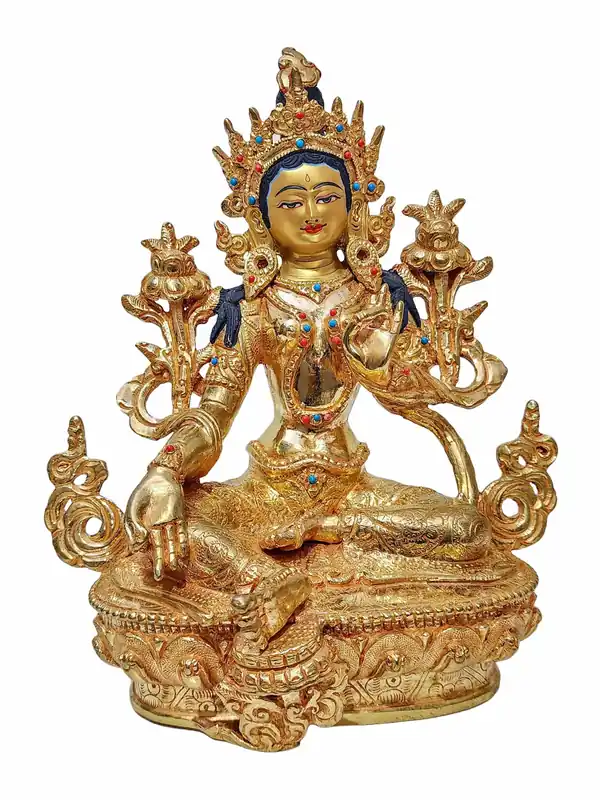 Statue bouddhiste de Tara verte plaquée or de 22 cm