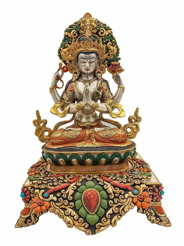 Statue en cuivre de Chenrezig avec plaquage d’or