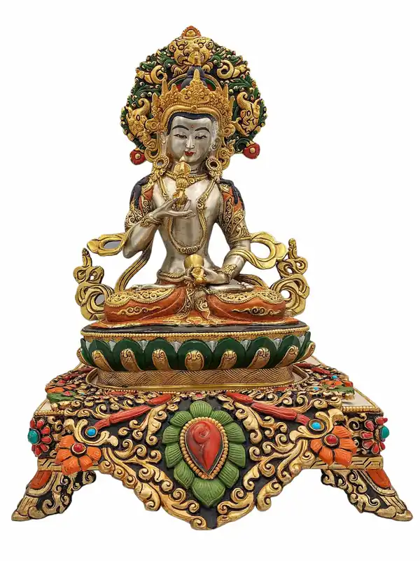 Statue de Dorje Sempa en cuivre, ornée d’accents en feuille d’or et d’inlays en pierre, réalisée à la main