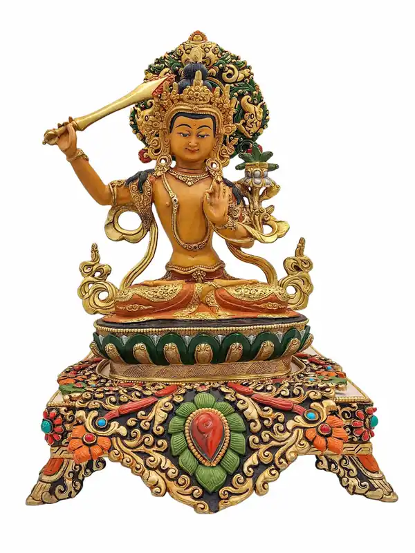 Statue en cuivre de Manjushri avec finition traditionnelle