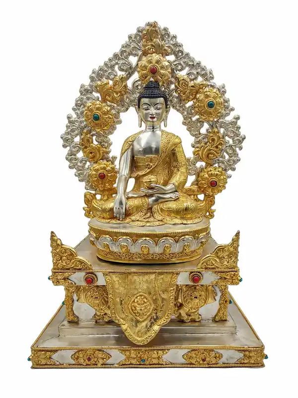 Statue de Bouddha Shakyamuni en cuivre rayonnant sur trône avec accents en or et en argent