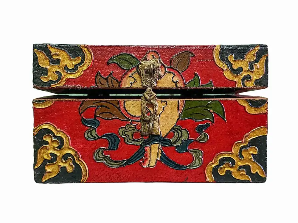 Boîte rituelle tibétaine en bois avec motif de vajra