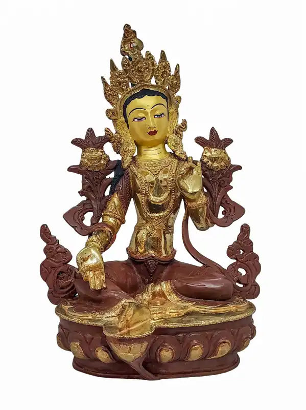 Statue bouddhiste de Tara Verte avec plaquage partiel en or