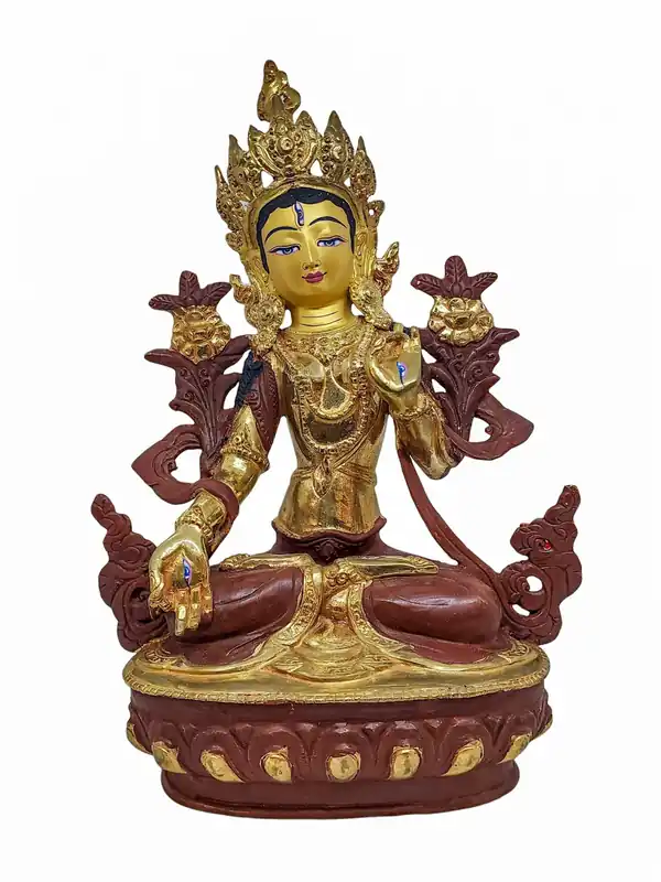 Élégante statue de Tara Blanche en cuivre avec accents dorés – Symbole de compassion et de guérison