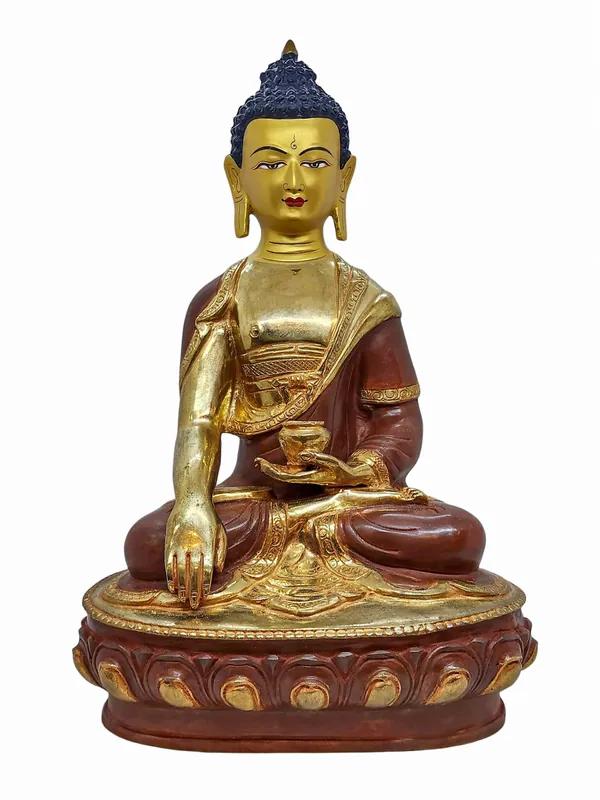 Statue divine du Bouddha Shakyamuni – Cuivre avec plaqué or et visage peint à la main
