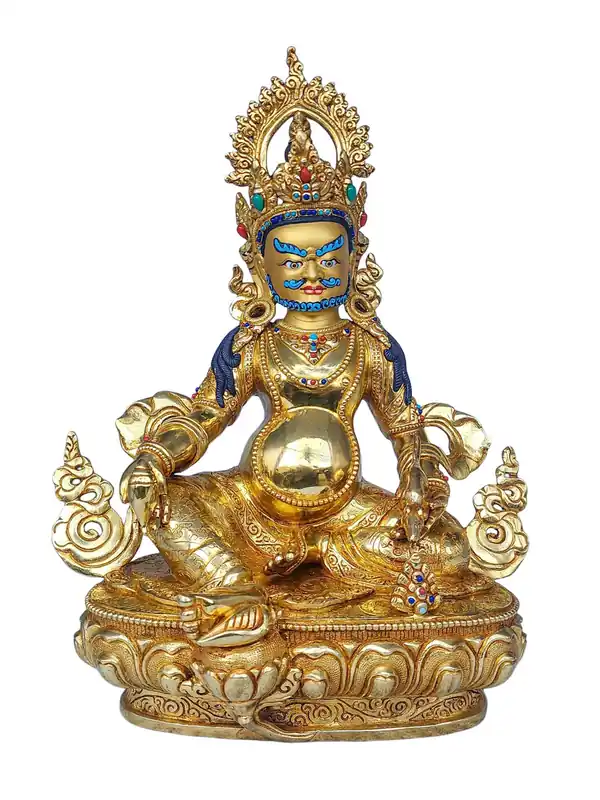 Statue en cuivre de Jambhala jaune avec finition en or
