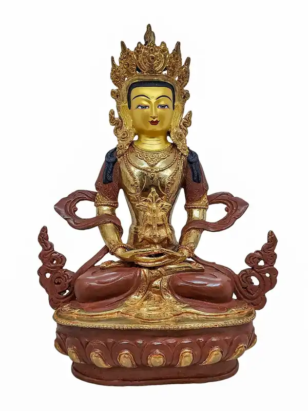 Statue bouddhique en cuivre d’Aparimita avec un plaquage doré de détail et un visage peint