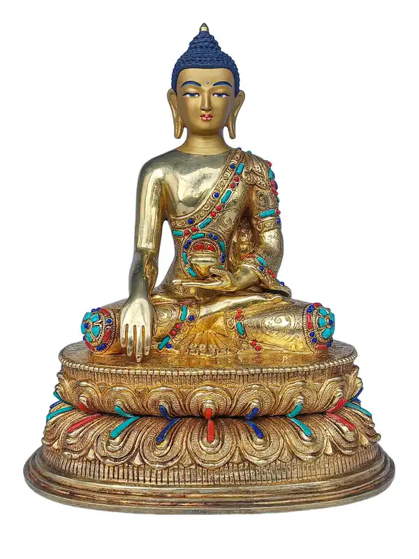 Statue de Shakyamuni Bouddha en cuivre magnifique avec plaquage d’or – 24 cm