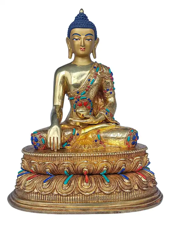 Statue de Bouddha Shakyamuni en cuivre avec des détails en or