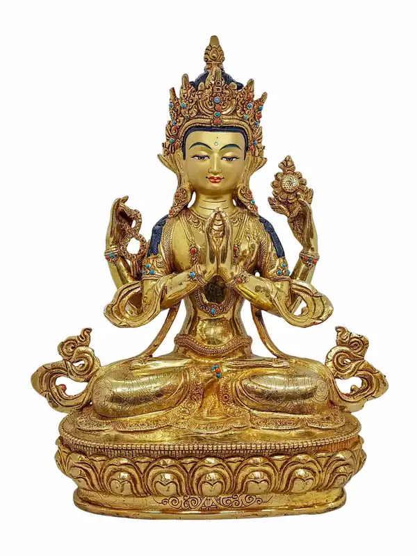 Statue en cuivre de Chenrezig avec dorure