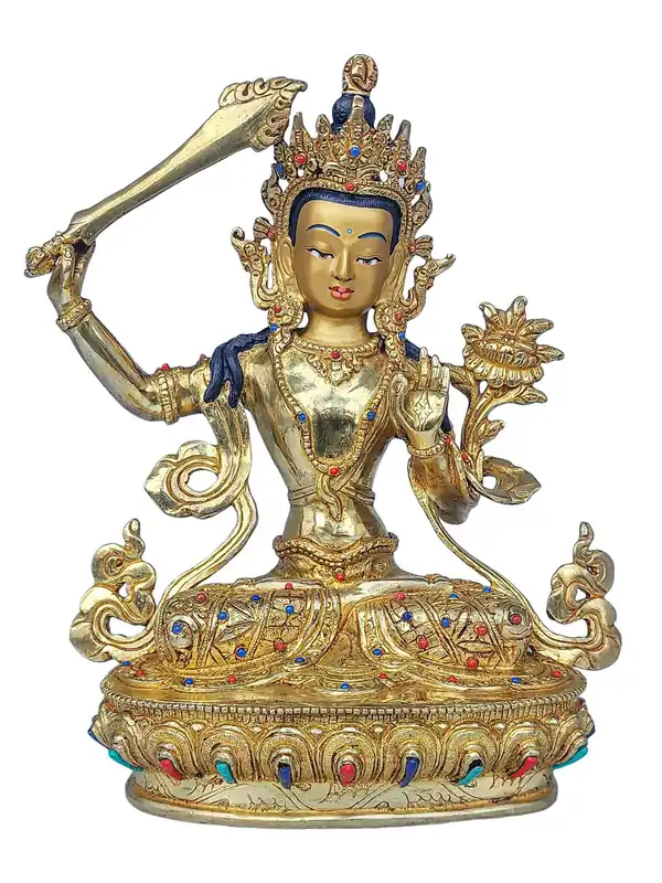 Statue de Manjushri en cuivre avec des accents dorés