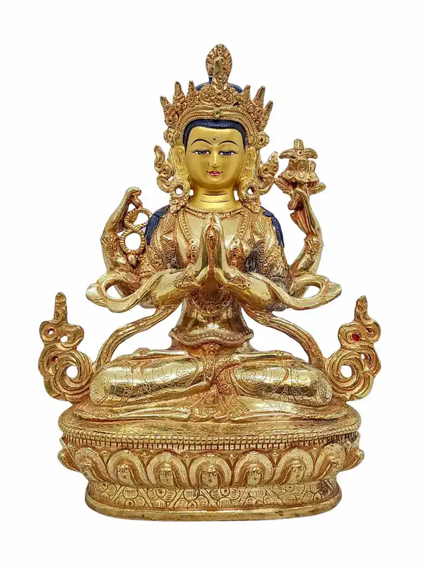 Statue en cuivre plaquée or de Chenrezig, 22 cm