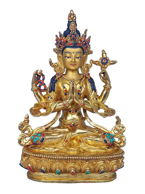 Statue de Chenrezig en cuivre avec des détails en or