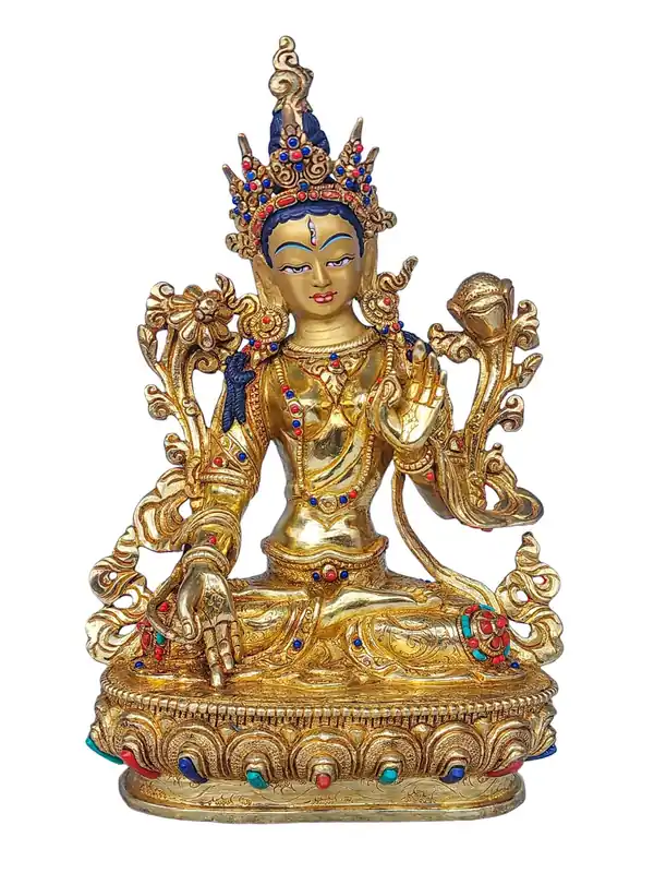 Statue de Tara Blanche de 24 cm avec finition en pierres précieuses