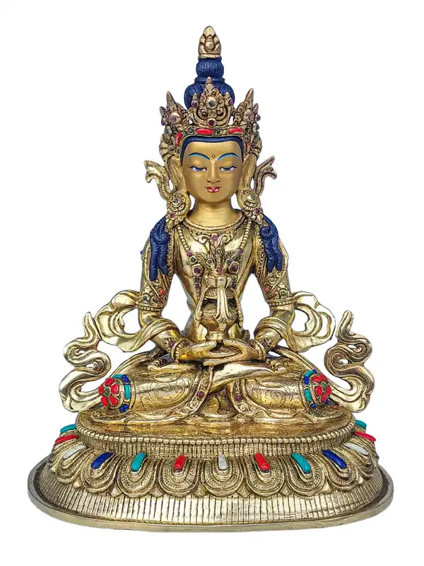 Statue bouddhiste en cuivre Aparimita avec finition dorée