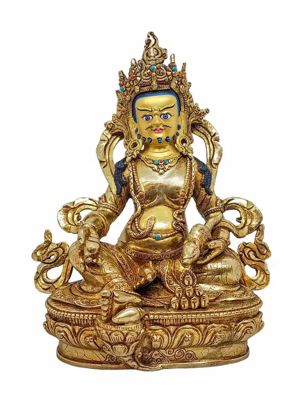 Statue de Jambhala jaune plaquée or – Artisanat en cuivre avec des détails intriqués