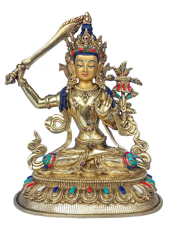 Statue de Manjushri avec visage peint et accents dorés