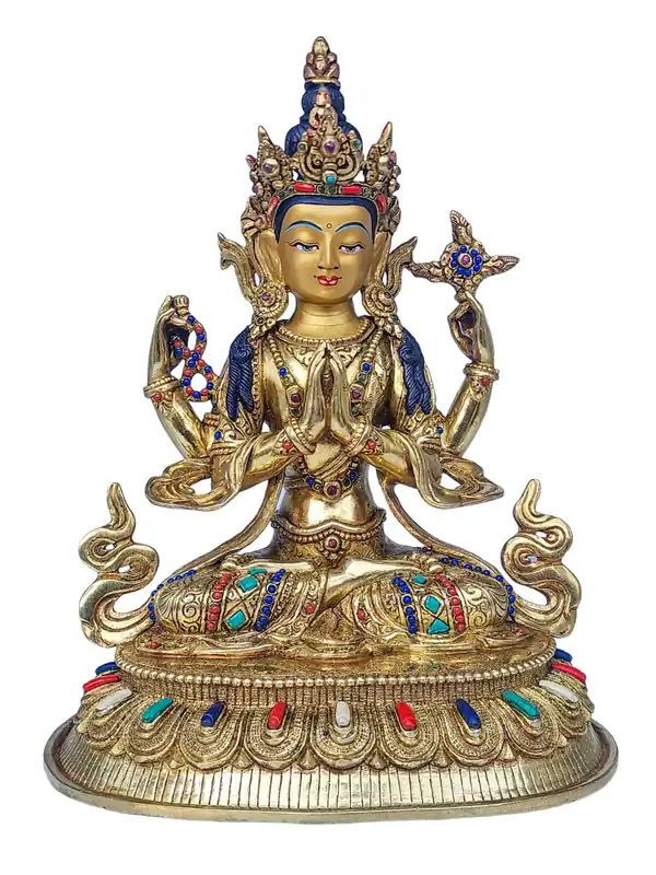Statue de Chenrezig en cuivre : 24 cm de compassion et de sagesse avec finition dorée