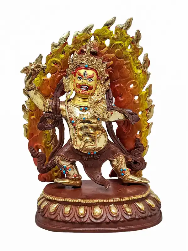 Statue puissante de Vajrapani Bouddha en cuivre avec dorure et détails peintsintriqués