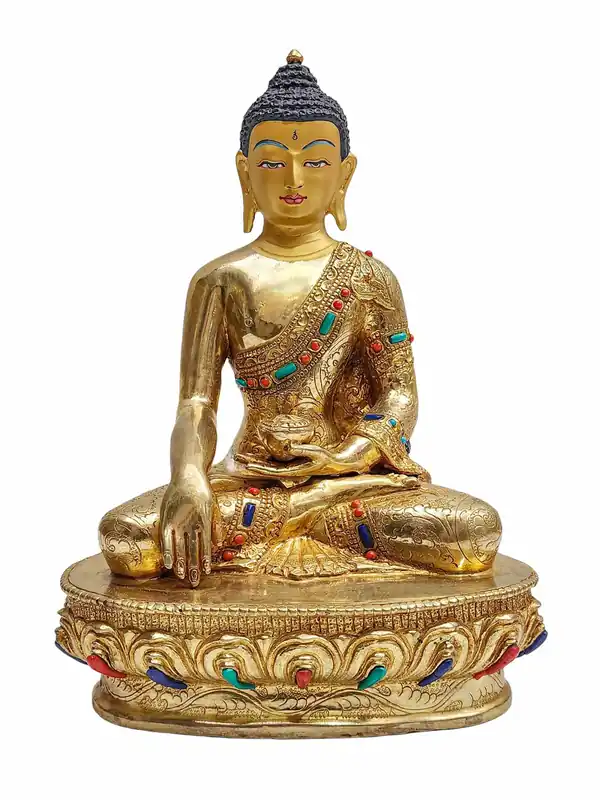 Statue en cuivre du Bouddha Shakyamuni avec finition dorée